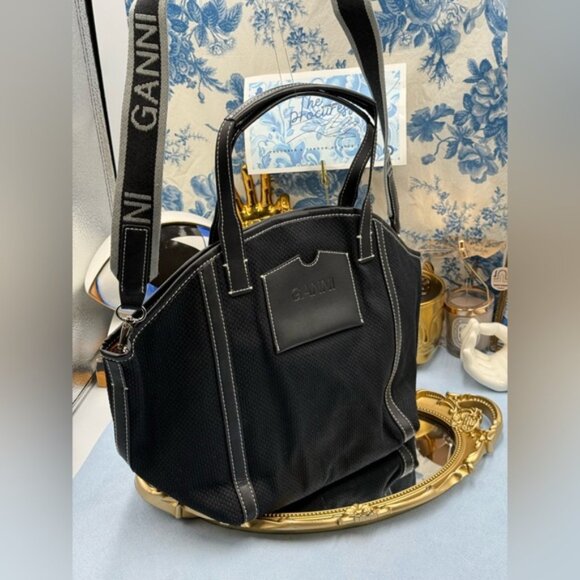 🆕 GANNI 🧿 NWT Small Banner Tote, Black Canvas & Black Leather - Picture 3 of 13